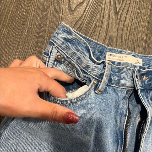 ASOS Denim Blue Light Wash High Waisted Raw Hem Slim Mom Jeans Size 28 - Picture 3 of 11